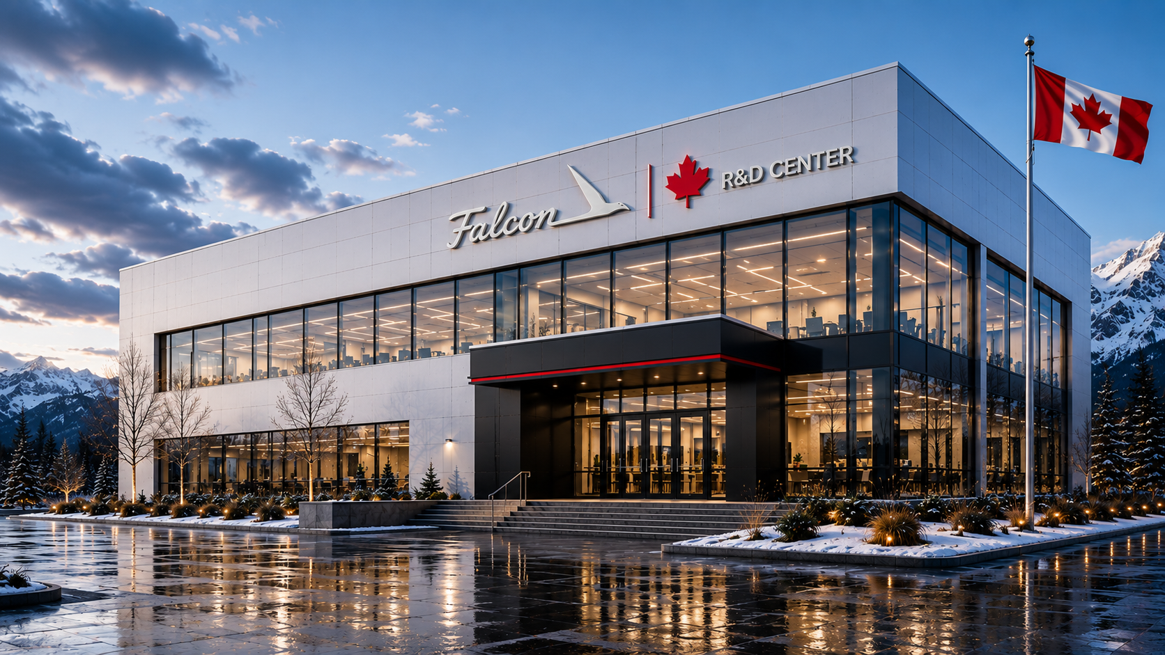 Concept visualization of a Falcon Motors Canada R&D centre in a Canadian winter setting